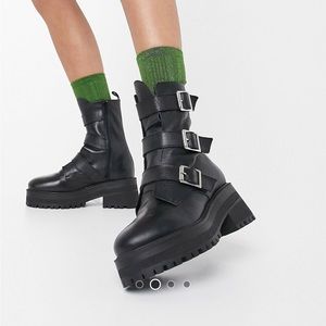 Chunky black combat motorcycle buckle leather boots